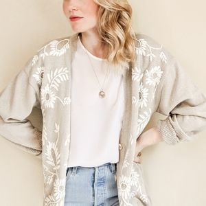 Vintage Beige & White Floral Embroidered Cardigan
